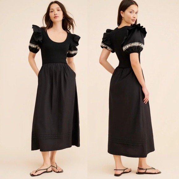 Cleobella Dresses & Skirts - Anthropologie Cleobella Selma Midi Dress Size S Black Embroidered Puff Sleeve